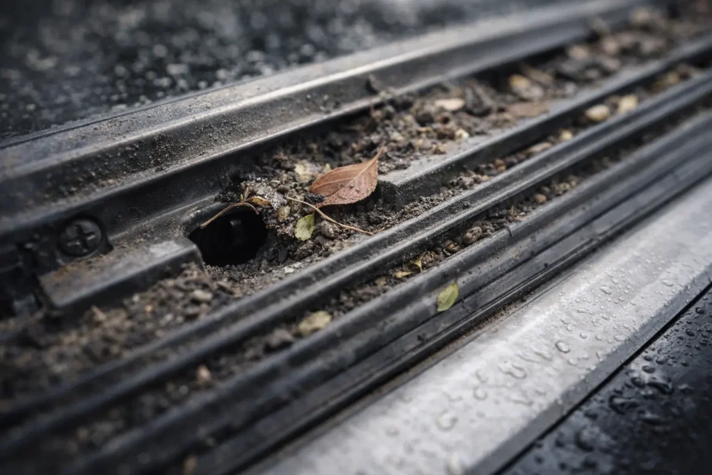 Saluran drainase sunroof mobil tersumbat debu dan daun kering