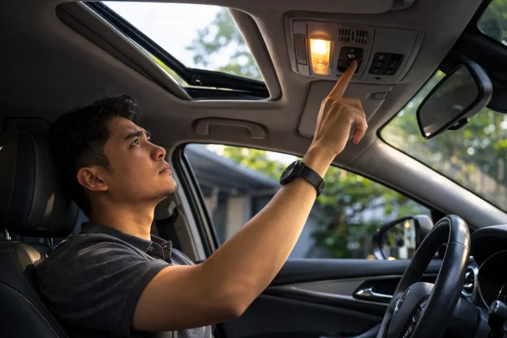 Pengemudi menekan tombol sunroof saat motor sunroof bermasalah