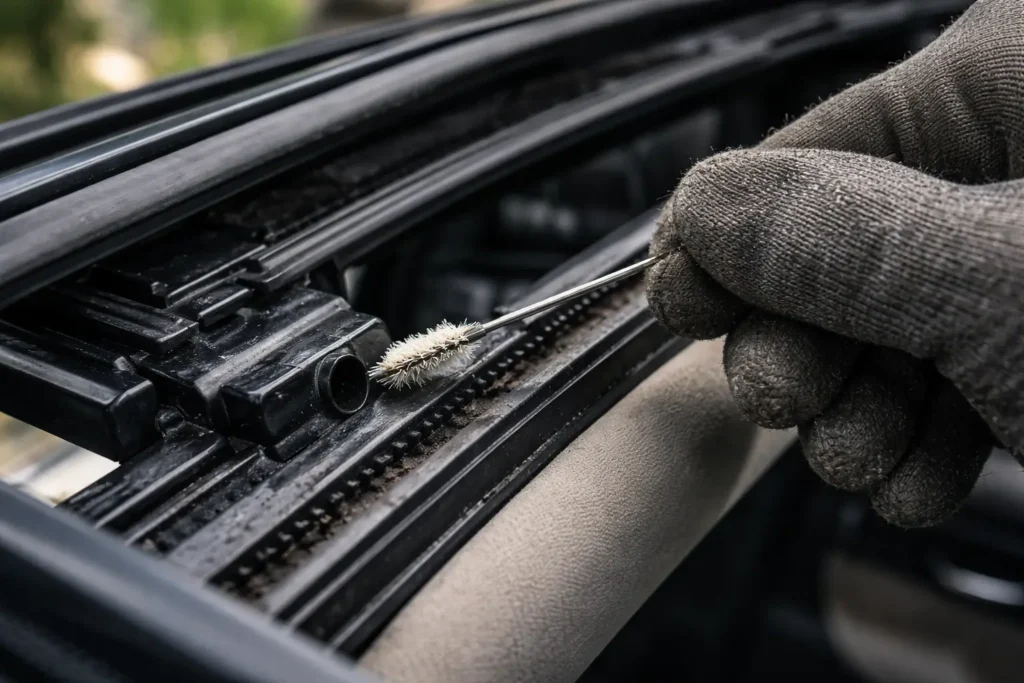 Membersihkan saluran drainase sunroof mobil untuk mencegah kebocoran