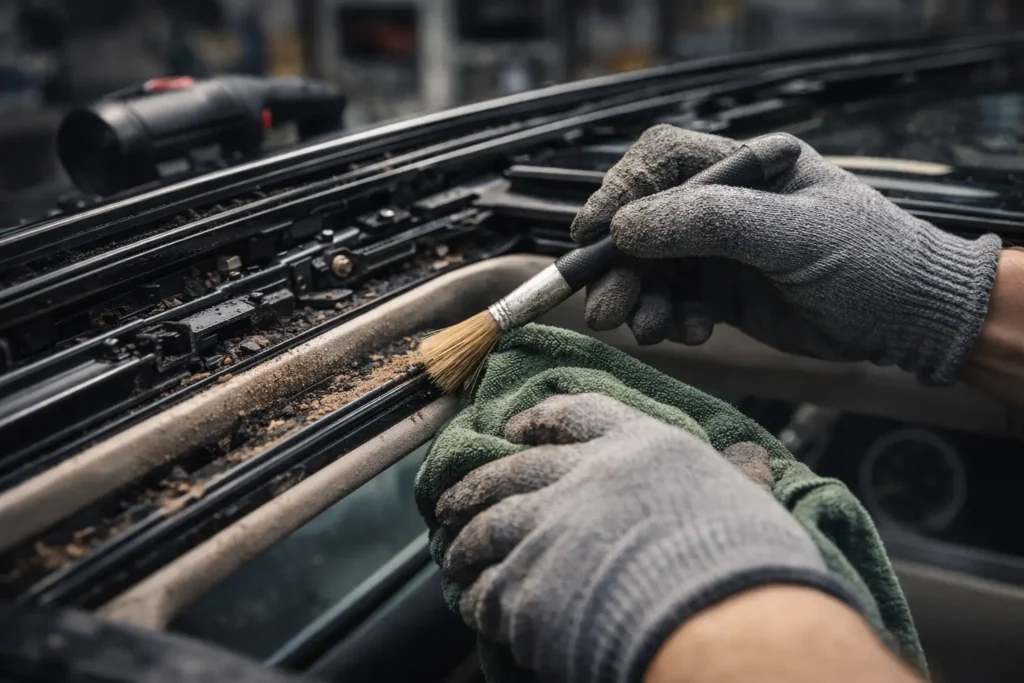 Proses membersihkan rel sunroof mobil menggunakan kuas kecil
