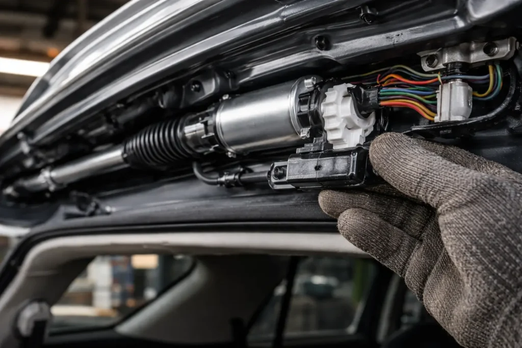 Motor dan strut power backdoor mobil saat proses pemeriksaan