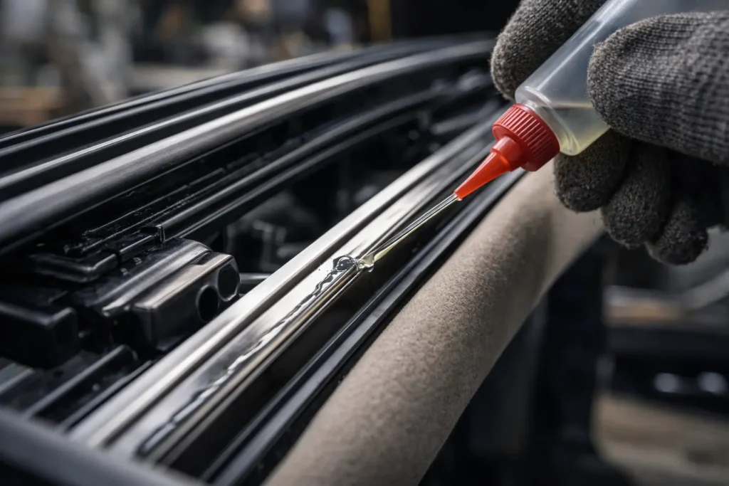 Proses pelumasan rel sunroof mobil untuk mencegah karat