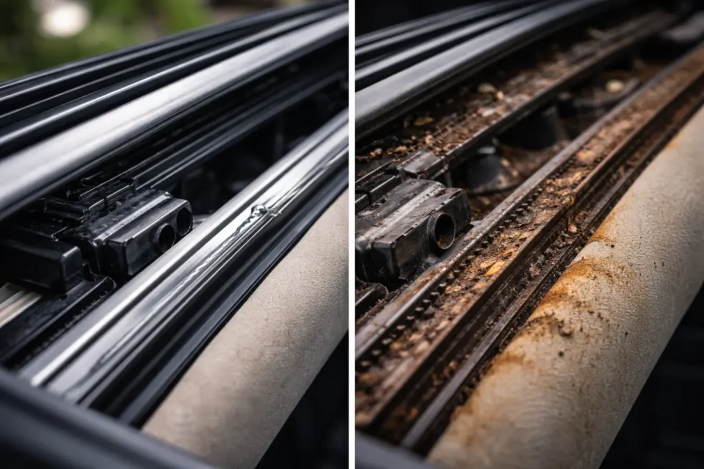 Perbandingan rel sunroof mobil bersih dan berkarat