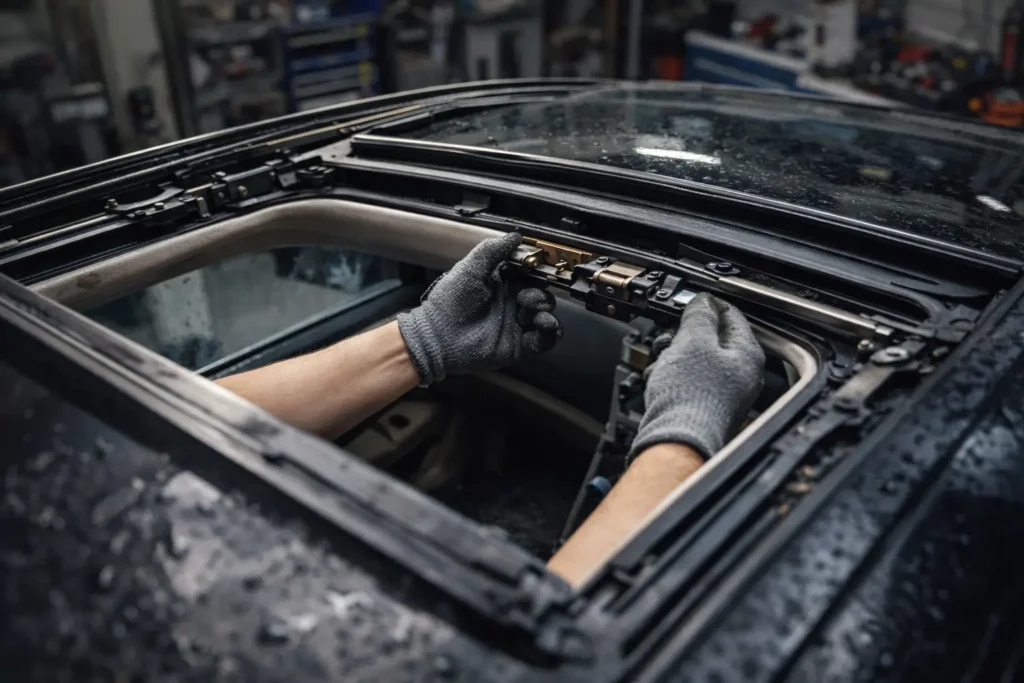 Teknisi melakukan service sunroof mobil di bengkel profesional