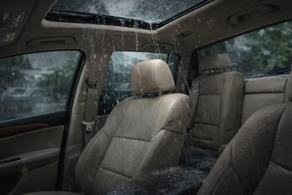 Interior mobil basah akibat sunroof bocor saat hujan deras