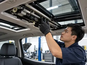 Teknisi memeriksa mekanisme sunroof mobil