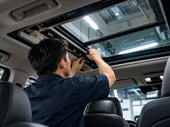 Teknisi memeriksa mekanisme sunroof mobil di bengkel